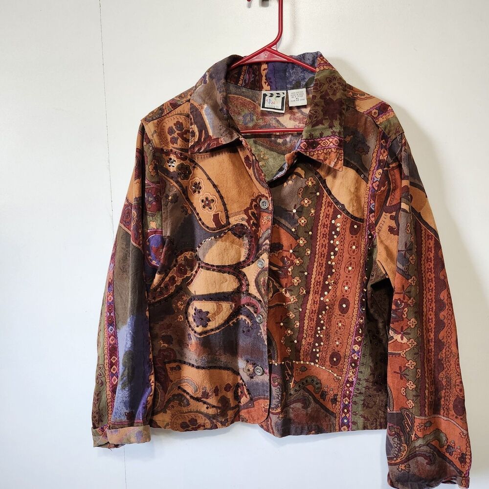 Vtg Take Two Co Boho Patchwork Embellished Jacket Shirt Art to Wear Beaded